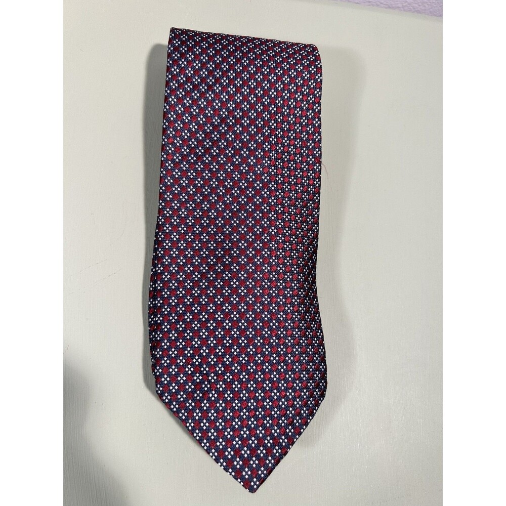 Brooks Brothers 346 Pure Silk Neck Tie Red Blue Geometric Pattern USA / Italy